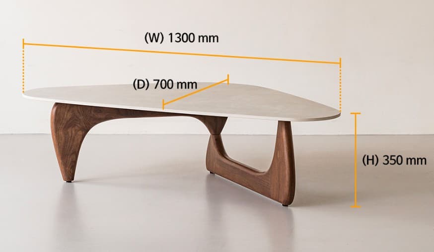 A low-profile coffee table featuring an organically shaped, light-colored tabletop and a sculptural dark wood base. The base consists of two interlocking curved pieces forming a stable support for the top, resembling the iconic Noguchi design. — 3D model