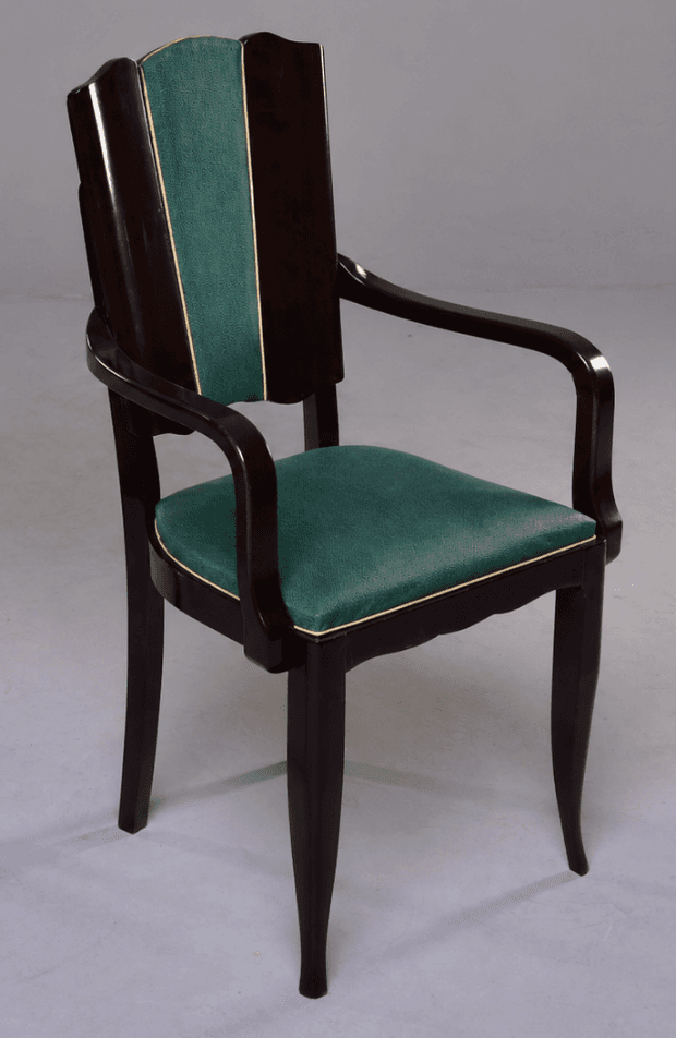 A dark wood armchair with upholstered green seat and backrest. The chair features curved armrests and legs. The backrest has a central vertical panel of textured green fabric, bordered by lighter trim. — 3D model
