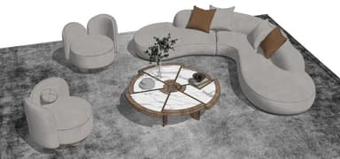 A light grey modular sectional sofa with curvilinear, organic shapes and a low profile, accompanied by accent pillows in brown and light grey. — 3D model