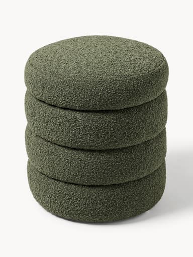 Four round, olive-green upholstered poufs or floor cushions stacked vertically, featuring a distinctively textured, bouclé-like fabric. — 3D model
