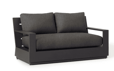 A modern two-seater loveseat featuring a dark grey metal frame with integrated blocky armrests and matching dark grey fabric cushions. The design is minimalist and rectilinear. — 3D model
