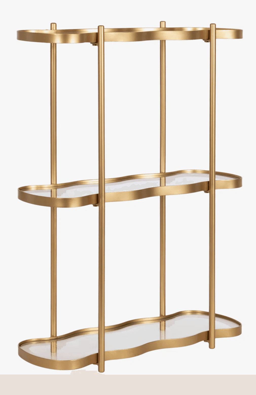 A three-tiered freestanding shelving unit featuring a gold-finished metal frame and distinctive wavy clear glass shelves. The design is open and vertical, supported by multiple slender metal rods. The shelves have an undulating, organic edge, contrasting with the straight vertical lines of the frame. The unit appears new and is presented against a white background, highlighting its metallic sheen and transparent elements. — 3D model