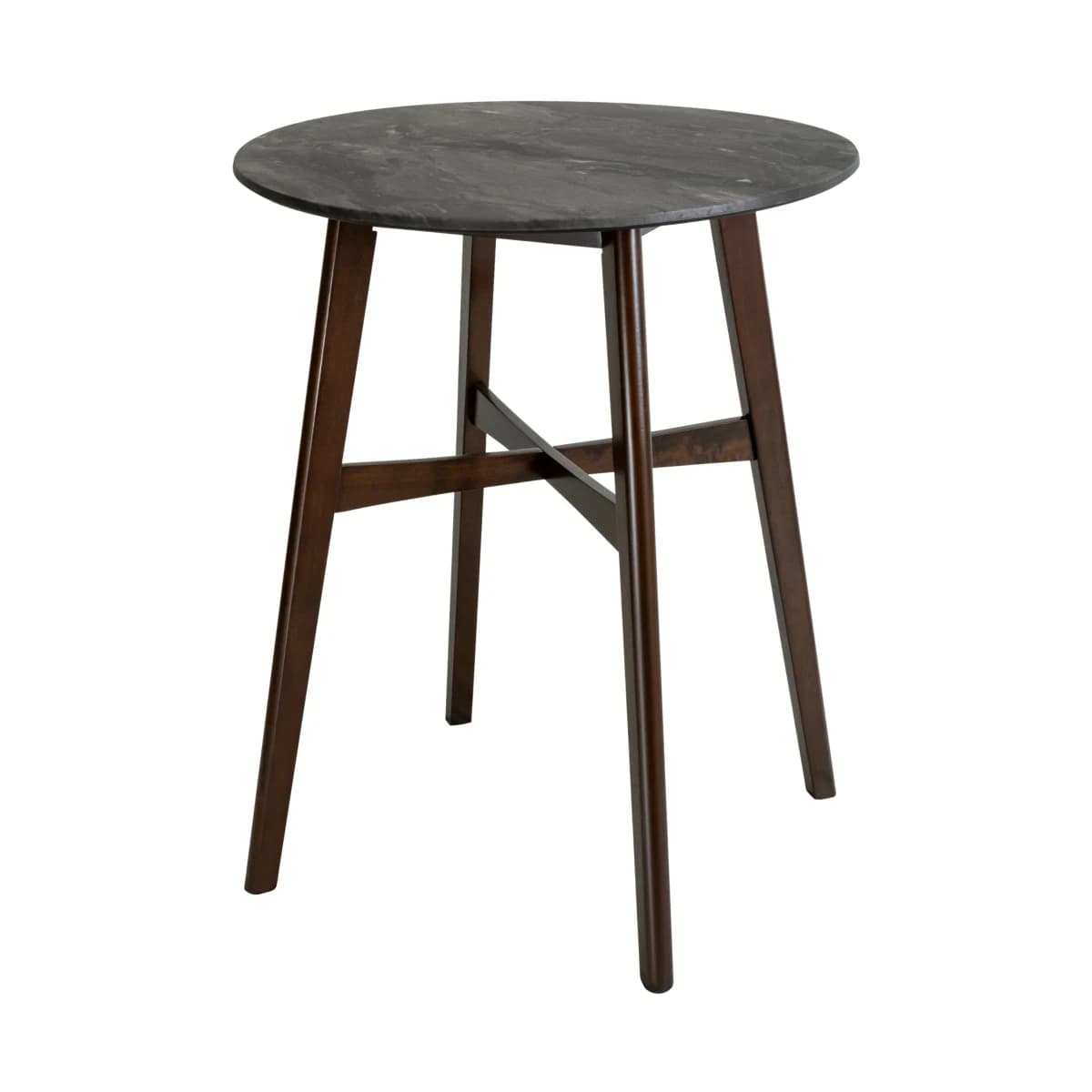 A round counter-height table featuring a dark, textured slate-effect tabletop resting on a sturdy wooden base with four tapered legs. The legs are connected by a reinforcing X-shaped stretcher located about halfway down the legs. The wood has a dark brown finish. — 3D model