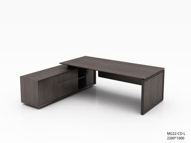An L-shaped executive desk featuring a dark wood grain finish and a minimalist design. The main desk surface is supported by a dark metal frame on one side, and an integrated storage unit on the other, forming the L-configuration. The storage unit includes both closed cabinet doors and open shelving compartments, providing functional workspace and storage solutions. The overall aesthetic is sleek and contemporary, suitable for a professional office environment. — 3D model