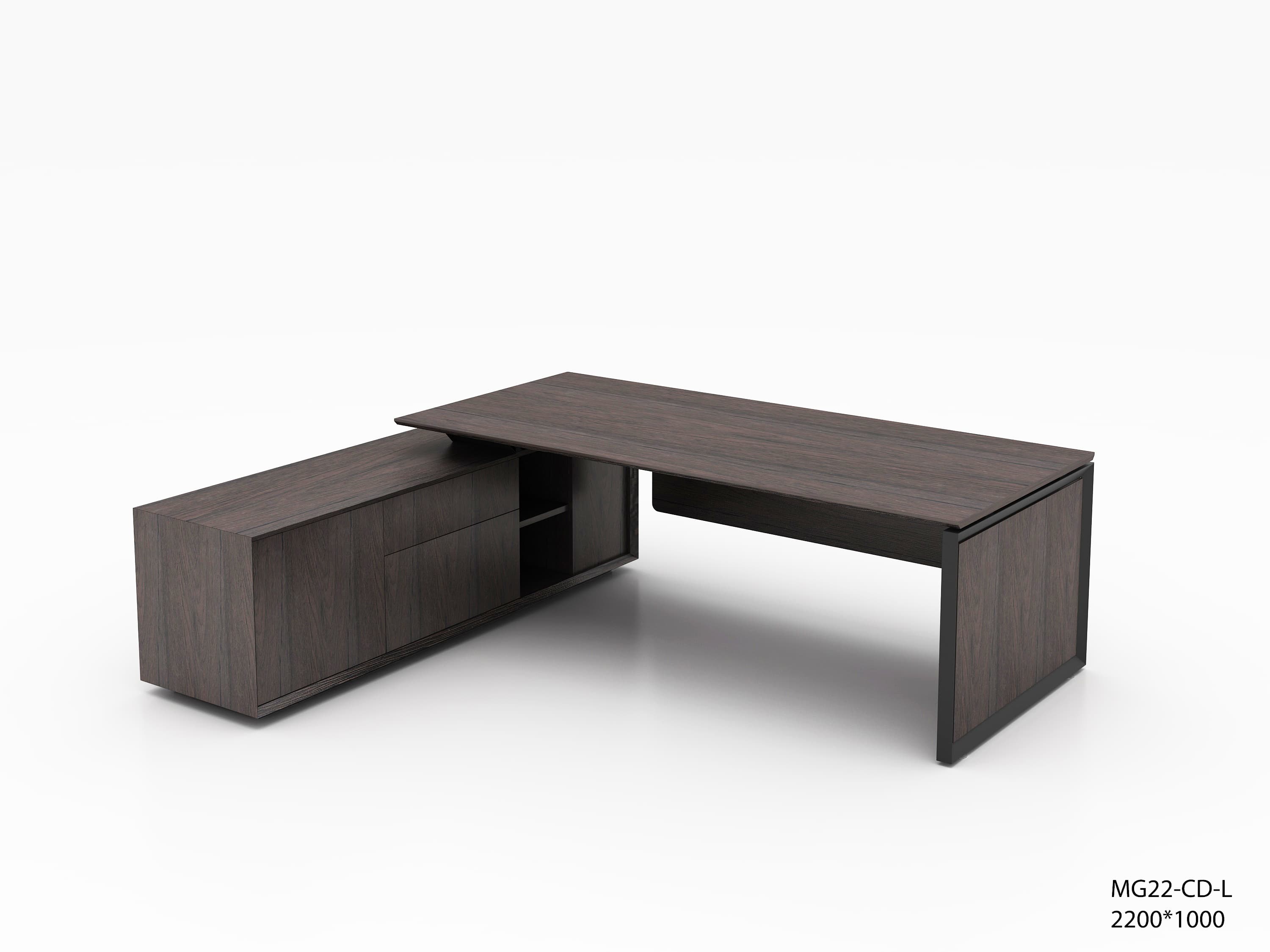 An L-shaped executive desk featuring a dark wood grain finish and a minimalist design. The main desk surface is supported by a dark metal frame on one side, and an integrated storage unit on the other, forming the L-configuration. The storage unit includes both closed cabinet doors and open shelving compartments, providing functional workspace and storage solutions. The overall aesthetic is sleek and contemporary, suitable for a professional office environment. — 3D model