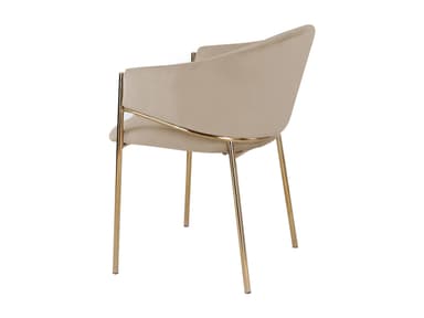 A contemporary accent chair with a curved backrest and seat upholstered in a light beige, possibly velvet or similar soft textile. The chair features a minimalist design with slender, polished brass or gold-toned metal legs and arm supports. The legs are angled outwards for stability. — 3D model