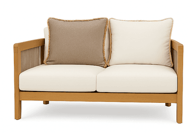 A two-seater sofa with a light wood frame and a slatted backrest. The sofa features two plush, rectangular cushions for the back and a seat cushion. The frame is constructed from light-colored wood and has a clean, modern design with slightly tapered legs. The backrest is composed of numerous vertical wooden slats, creating a visually airy effect. The cushions are upholstered in a neutral-toned fabric. — 3D model