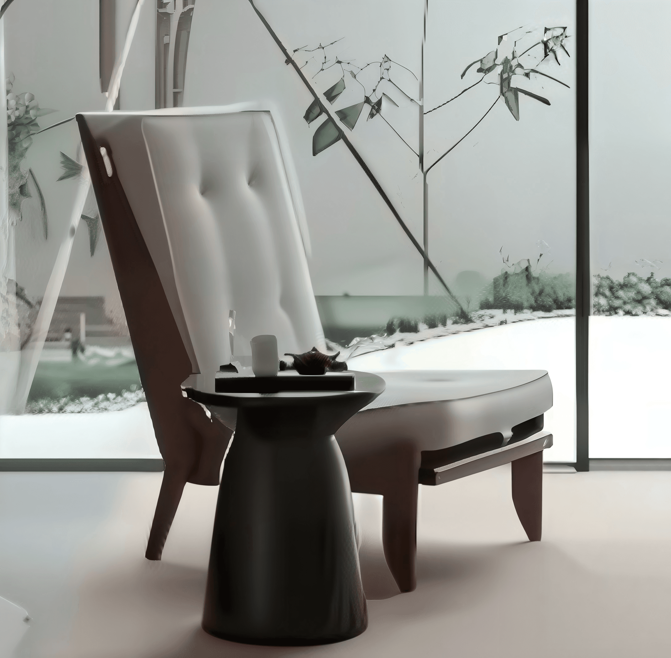 An armless lounge chair with a dark wooden frame and light-colored, button-tufted upholstered cushions, designed in a mid-century modern style. — 3D model