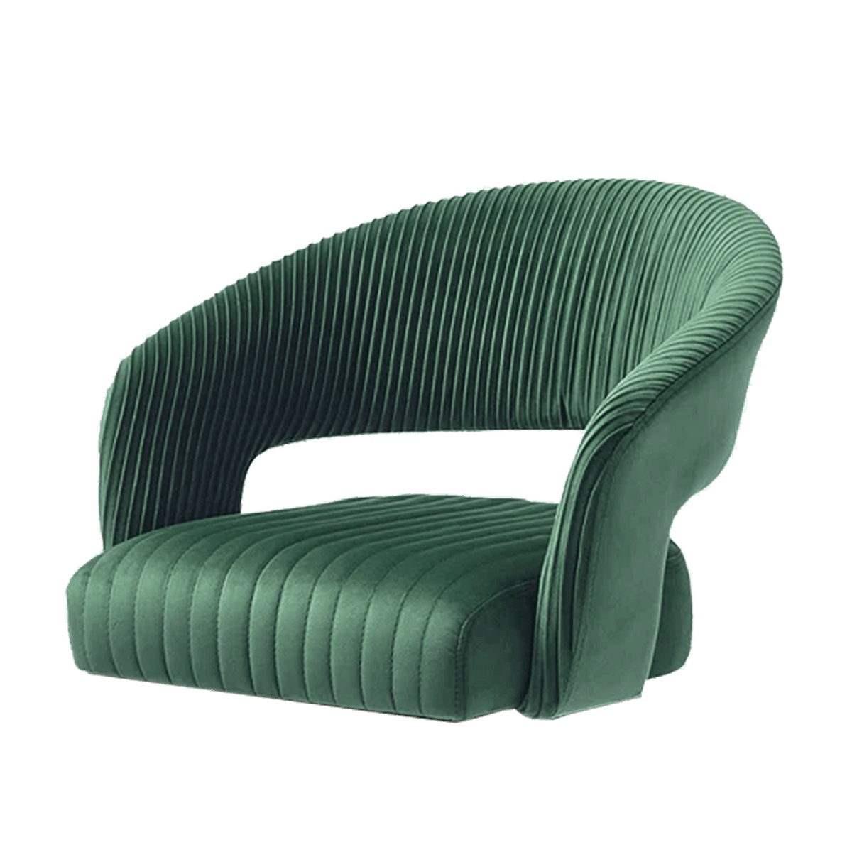 A modern accent chair with a curved backrest and seat upholstered in a plush, dark green velvet fabric. The upholstery features a distinctive ribbed or pleated texture throughout the seat and back, creating a visually dynamic surface. The chair has a low profile and appears to be armless, with a rounded silhouette. The base is not fully visible but seems integrated with the body of the chair. — 3D model