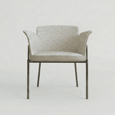A contemporary upholstered armchair featuring a light grey textured fabric on the seat and backrest, complemented by a solid dark metal frame and legs. The backrest and armrests form a single, curvilinear unit, with the arms subtly flaring outwards at the top. A contrasting light beige band of material, possibly leather or vinyl, wraps around the base of the seat cushion. — 3D model