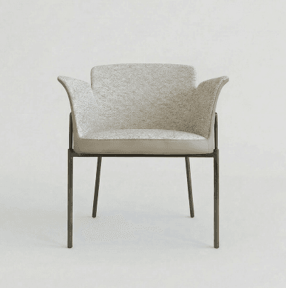 A contemporary upholstered armchair featuring a light grey textured fabric on the seat and backrest, complemented by a solid dark metal frame and legs. The backrest and armrests form a single, curvilinear unit, with the arms subtly flaring outwards at the top. A contrasting light beige band of material, possibly leather or vinyl, wraps around the base of the seat cushion. — 3D model