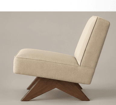 A modern armless lounge chair featuring light beige fabric upholstery and a distinct angular wooden base, designed for relaxation. — 3D model