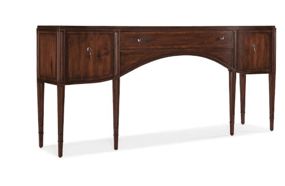 A dark wood sideboard with a curved apron, featuring two cabinets on the sides and a central drawer. Each cabinet has a keyhole and a pull handle. The piece stands on four tapered legs. — 3D model