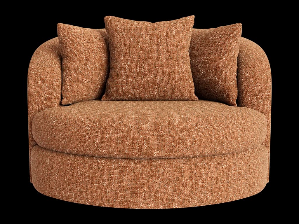 A contemporary armchair with a rounded silhouette and upholstered finish. It features a deep seat, curved armrests that blend into the back, and three matching throw pillows for added comfort and visual depth. The upholstery has a textured weave. — 3D model