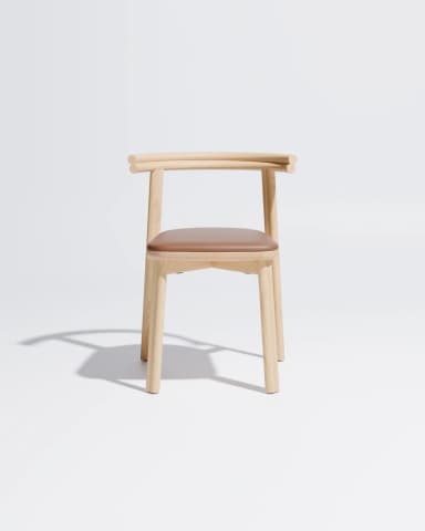 A minimalist chair made from light-colored wood featuring a gently curved backrest that integrates into armrests, and a padded brown leatherette seat. — 3D model
