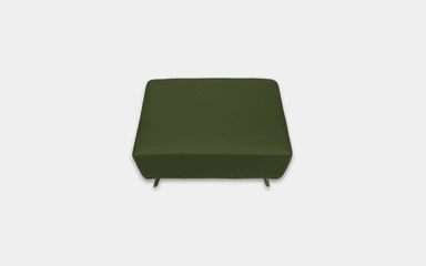 A rectangular upholstered ottoman in a dark olive green color, supported by four short, dark, tapered legs. — 3D model