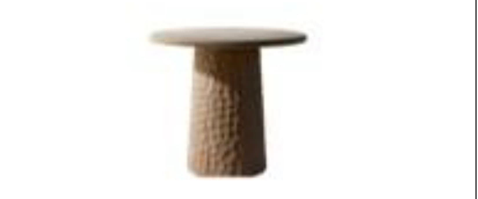 A contemporary pedestal side table featuring a smooth, round, light beige top supported by a thick, cylindrical base with a visibly textured, organic finish in a matching light, natural tone. The overall design is minimalist and sculptural. — 3D model