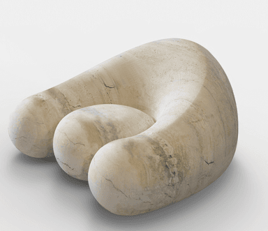 A sculptural low lounge chair made from light-colored, veined travertine stone. It features a continuous, organic U-shaped or horseshoe-shaped form that serves as the back and arms, integrating with a central, spherical seat component. The design emphasizes rounded, voluminous shapes and the natural patterns of the stone. — 3D model