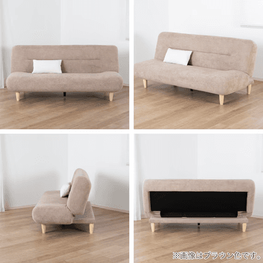 A compact, two-seater sofa bed upholstered in a light beige fabric, featuring clean lines and a modern aesthetic. It has a single, subtle horizontal tuft detail on the backrest. The sofa is supported by four light-colored, tapered wooden legs, indicating a minimalist or Scandinavian influence. A small white rectangular pillow rests on the seat. — 3D model