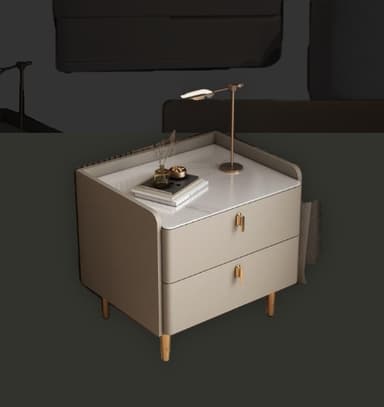 A modern nightstand featuring two drawers, a white marble top, rounded edges, and tapered wooden legs. It has minimalist brass pull handles. — 3D model