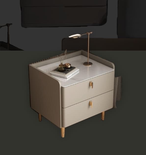 A modern nightstand featuring two drawers, a white marble top, rounded edges, and tapered wooden legs. It has minimalist brass pull handles. — 3D model