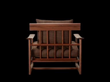 A wooden armchair with upholstered cushions. The frame is constructed from dark wood, likely walnut or a similar hardwood, featuring clean lines and a minimalist design. The seat and back cushions are upholstered in a patterned fabric, appearing to be a houndstooth or similar small-scale check in brown and black tones. The arms are curved and integrated into the wooden frame. — 3D model