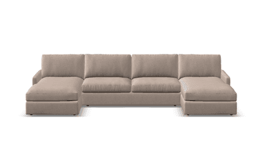 A U-shaped modular sectional sofa upholstered in a light beige textured fabric, featuring low-profile armrests and plush, segmented back cushions, presented from a top-down view. — 3D model