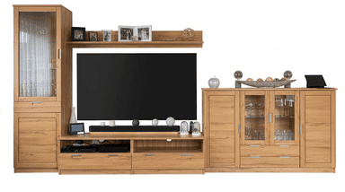 A comprehensive, modular living room wall unit and entertainment system, featuring a central TV console, multiple display cabinets, closed storage, and drawers, all in a light wood finish. — 3D model