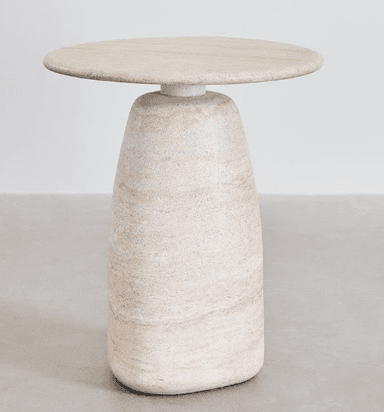 A modern end table with a rounded top and a tapered, monolithic base. The table exhibits a textured surface with visible striations consistent with natural stone. — 3D model