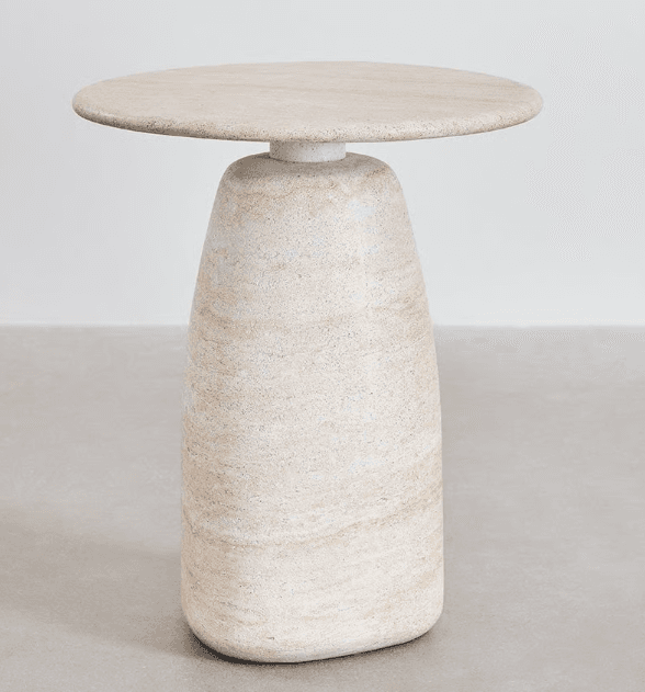 A modern end table with a rounded top and a tapered, monolithic base. The table exhibits a textured surface with visible striations consistent with natural stone. — 3D model