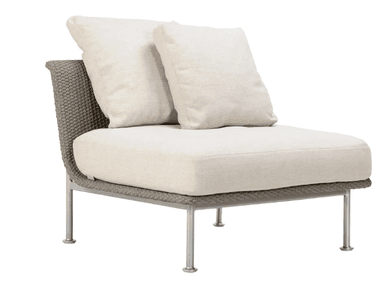 A contemporary single-seat sofa module with a modern design. It features a rounded, woven backrest and armrest structure, complemented by plush, upholstered seat and back cushions. The frame is constructed from slender, brushed metal legs. — 3D model