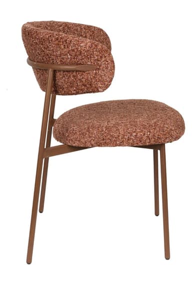 A modern armchair with a curved backrest and a circular seat. The armchair features a metal frame with slender legs and a curved metal support connecting the backrest. Both the seat and backrest are upholstered in a textured, multi-tonal reddish-brown fabric. — 3D model
