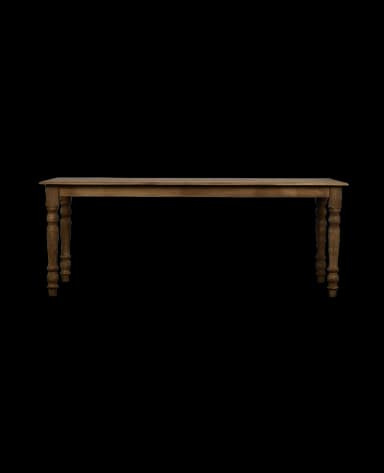 A long, rectangular dining table with four turned legs. The tabletop appears to be solid and has a natural wood grain visible. The legs have a distinct baluster shape, with bulbous sections and turned details, indicative of a traditional or farmhouse style. — 3D model
