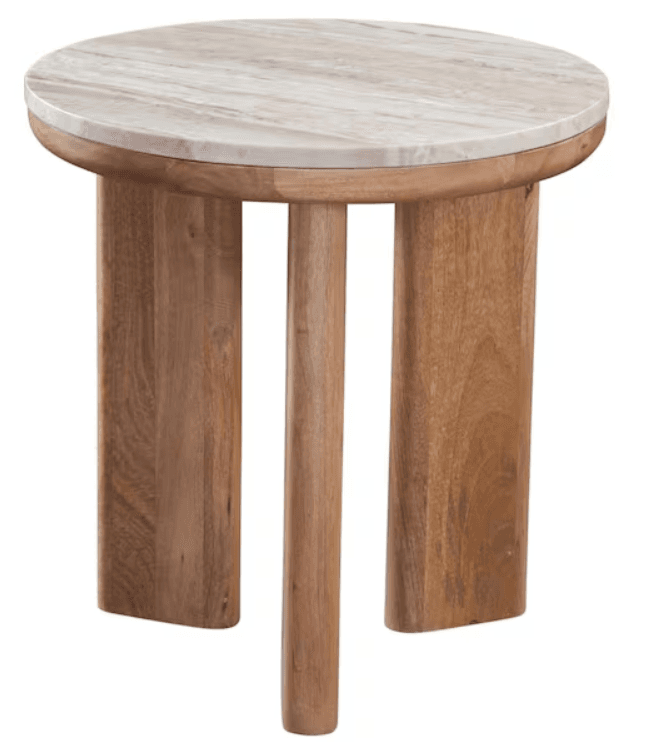 A round end table with a marble top and a wooden base. The base consists of three columnar legs, two of which have a flattened, rectangular profile, and one is cylindrical. The legs are joined by a wooden frame beneath the marble top. — 3D model
