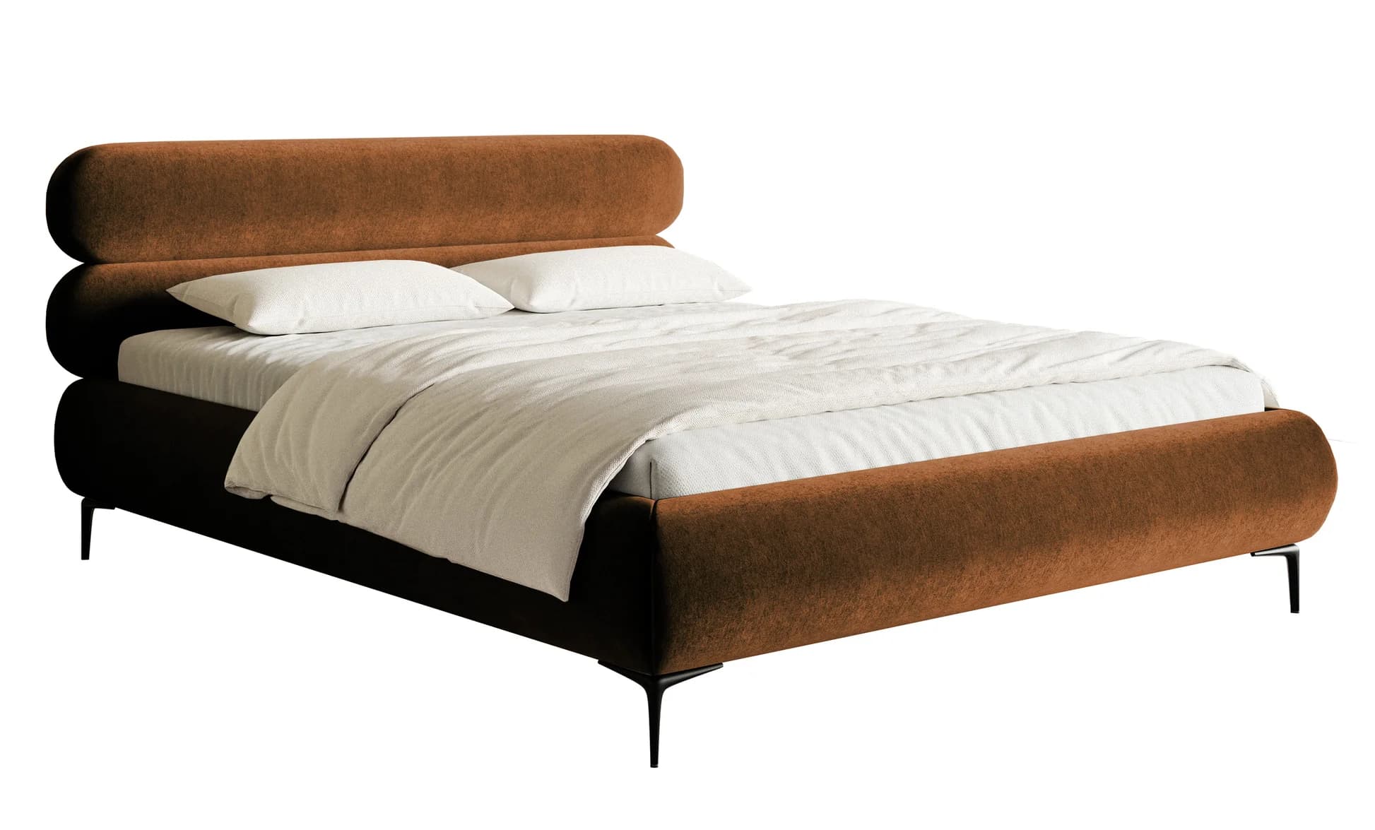 A modern upholstered bed frame with a distinctive curved headboard featuring multiple rounded horizontal sections. The frame is covered in a textured brown fabric. The bed is shown with a mattress, white bedding, and two white pillows. — 3D model