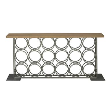 A long, narrow console-style unit featuring an integrated wine rack beneath a wooden tabletop, supported by a metal frame. — 3D model