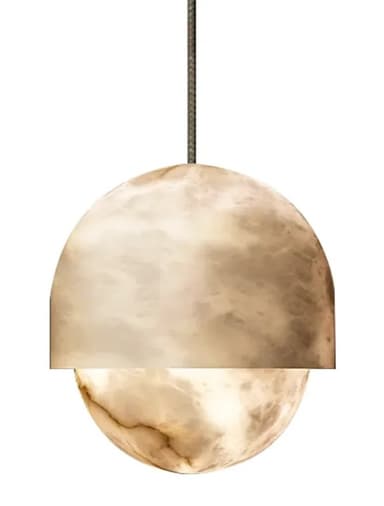 A spherical pendant light featuring a two-part shade made of translucent onyx. The upper half is a solid-appearing hemisphere, while the lower half is a more translucent sphere, revealing natural veining. It is suspended by a dark textile cord. — 3D model