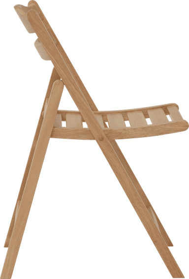 A light-colored wooden folding chair, depicted from a side angle with its slatted seat and backrest visible. The chair features a simple, functional design with natural wood grain, indicating a lightweight and portable structure. — 3D model