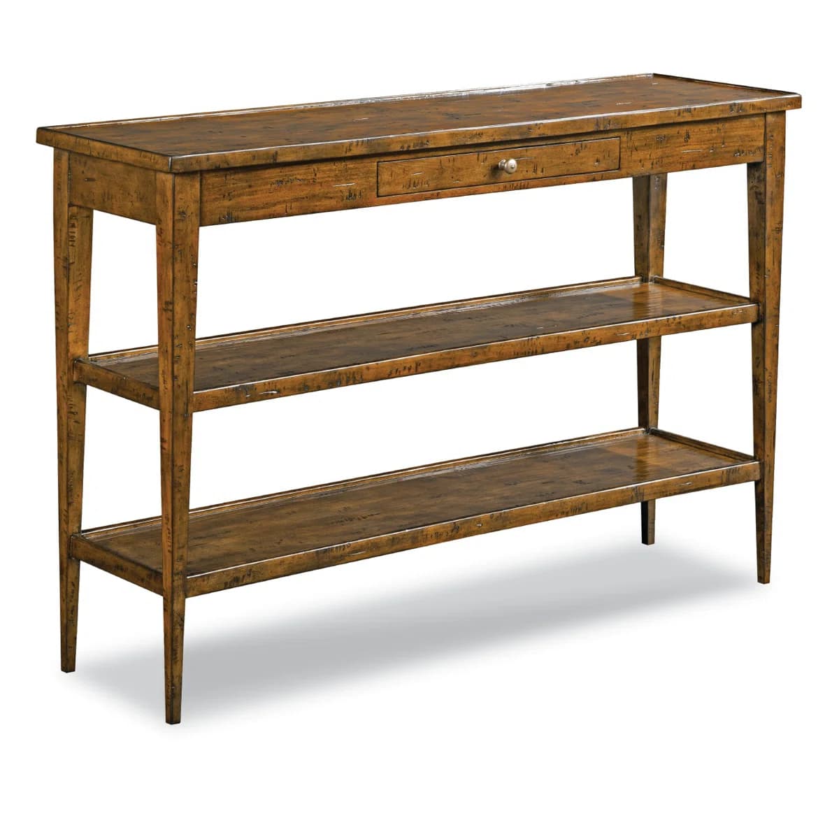 A long, narrow console table with a distressed wooden finish. It features a single drawer with a silver knob on the top surface. Below the drawer, there are two open shelves extending the full length of the table. The legs are slender and tapered. — 3D model