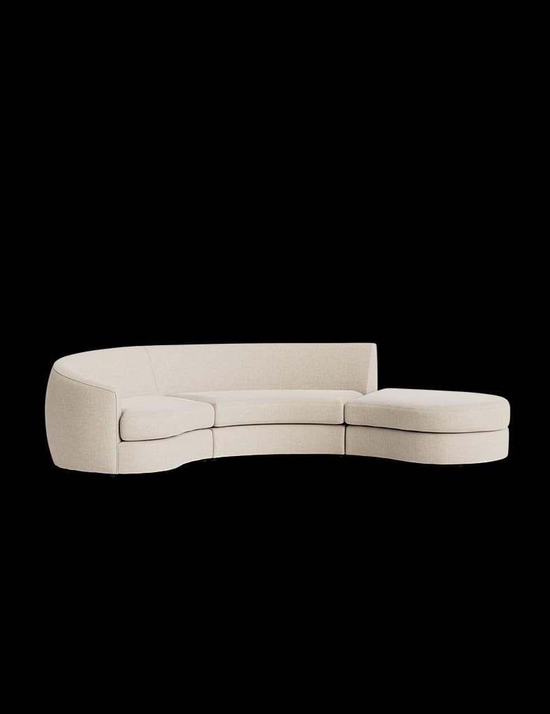 A modular, curved sectional sofa with a cream-colored textured fabric upholstery. The sofa features a low back and armless design, with rounded edges and a contemporary aesthetic. It appears to be composed of multiple connected sections and includes a curved ottoman or chaise lounge extension. — 3D model