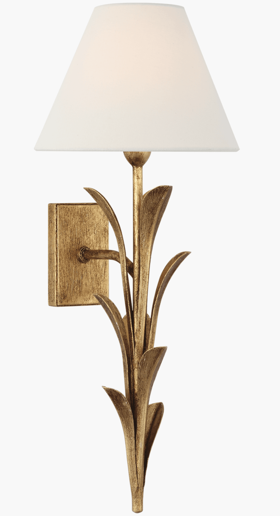 A wall-mounted sconce with a conical, off-white fabric lampshade. The fixture supporting the lampshade and extending downwards features a decorative, botanical-inspired design with stylized leaf motifs. The base that mounts to the wall is a rectangular plate. — 3D model