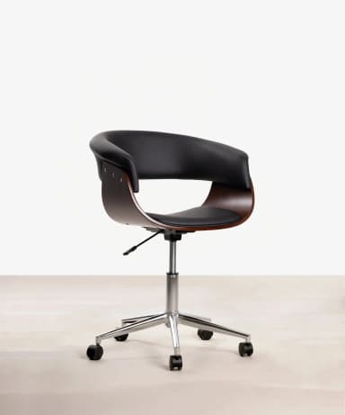 A close-up view of a lounge chair, highlighting its curved bentwood frame in a rich brown finish and contrasting black upholstered seat and backrest. The black upholstery features a subtle pebbled texture and visible stitching, suggesting leather or a high-quality faux leather. The wooden frame exhibits a distinct grain pattern, indicating a molded plywood or bentwood construction that creates a sleek, continuous curve. The design suggests a modern or mid-century aesthetic. — 3D model