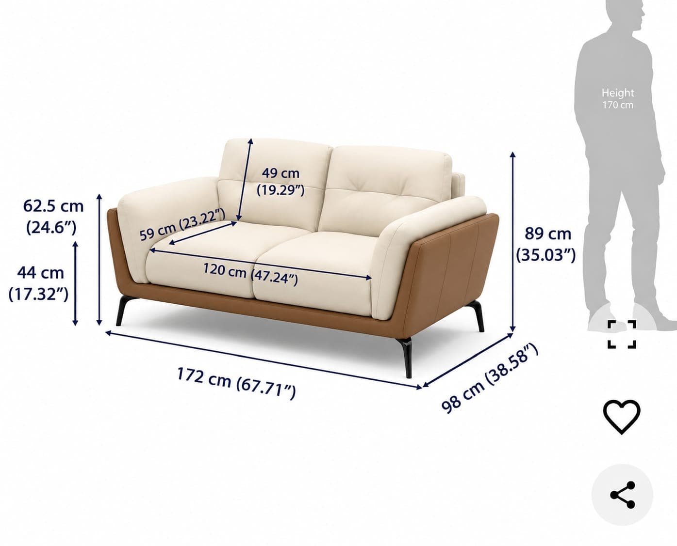 A contemporary two-seater sofa featuring a clean, minimalist design. The main body and seat/back cushions are upholstered in a light cream or off-white material, likely leather or faux leather. The back cushions have subtle horizontal tufting. The distinctive armrests and lower frame are accented with a contrasting brown material, creating a two-tone aesthetic. The sofa is supported by slender, tapered black metal legs. — 3D model