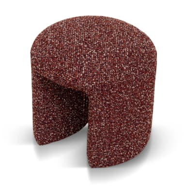 A U-shaped stool upholstered in a textured, multi-colored fabric. The stool has a rounded top and two cylindrical legs connected by a central arch, forming an open space in the middle. The upholstery features a mix of deep red, white, and light brown fibers, creating a speckled appearance. — 3D model