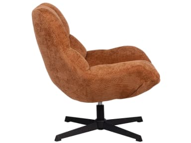 A contemporary lounge chair upholstered in a textured terracotta-colored fabric, featuring a deeply padded and ribbed seat and backrest, mounted on a sleek black four-star swivel base. — 3D model