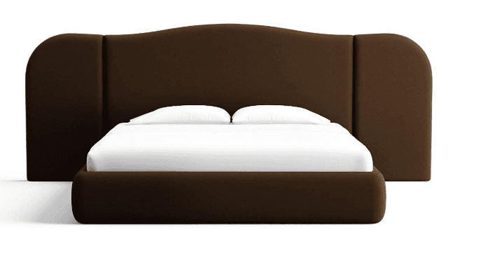 A dark brown upholstered platform bed featuring a distinctive headboard with a central wavy curved top panel flanked by two symmetrical rounded side panels. The bed frame is also fully upholstered in the same dark brown fabric. — 3D model