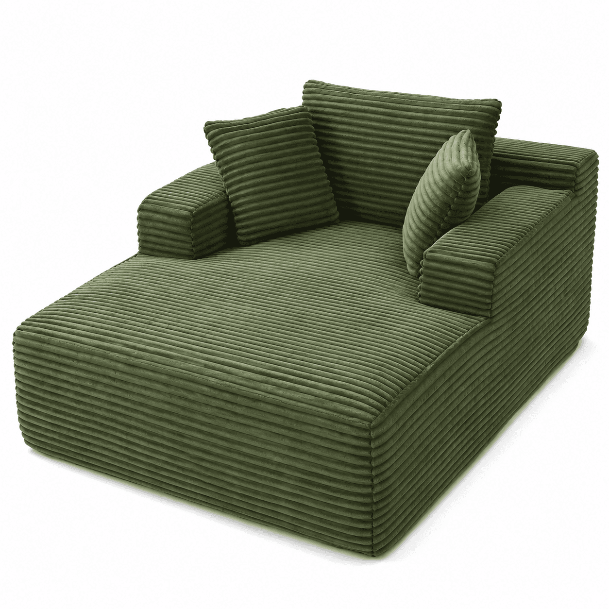 An olive green corduroy chaise lounge, featuring a plush, wide-wale corduroy upholstery with a distinct ribbed texture. It has a low-profile base, an integrated low armrest on one side, and comes with two loose back pillows and one small accent pillow, all covered in the matching corduroy fabric. The design suggests a modular component of a larger seating arrangement or a standalone lounging piece. — 3D model