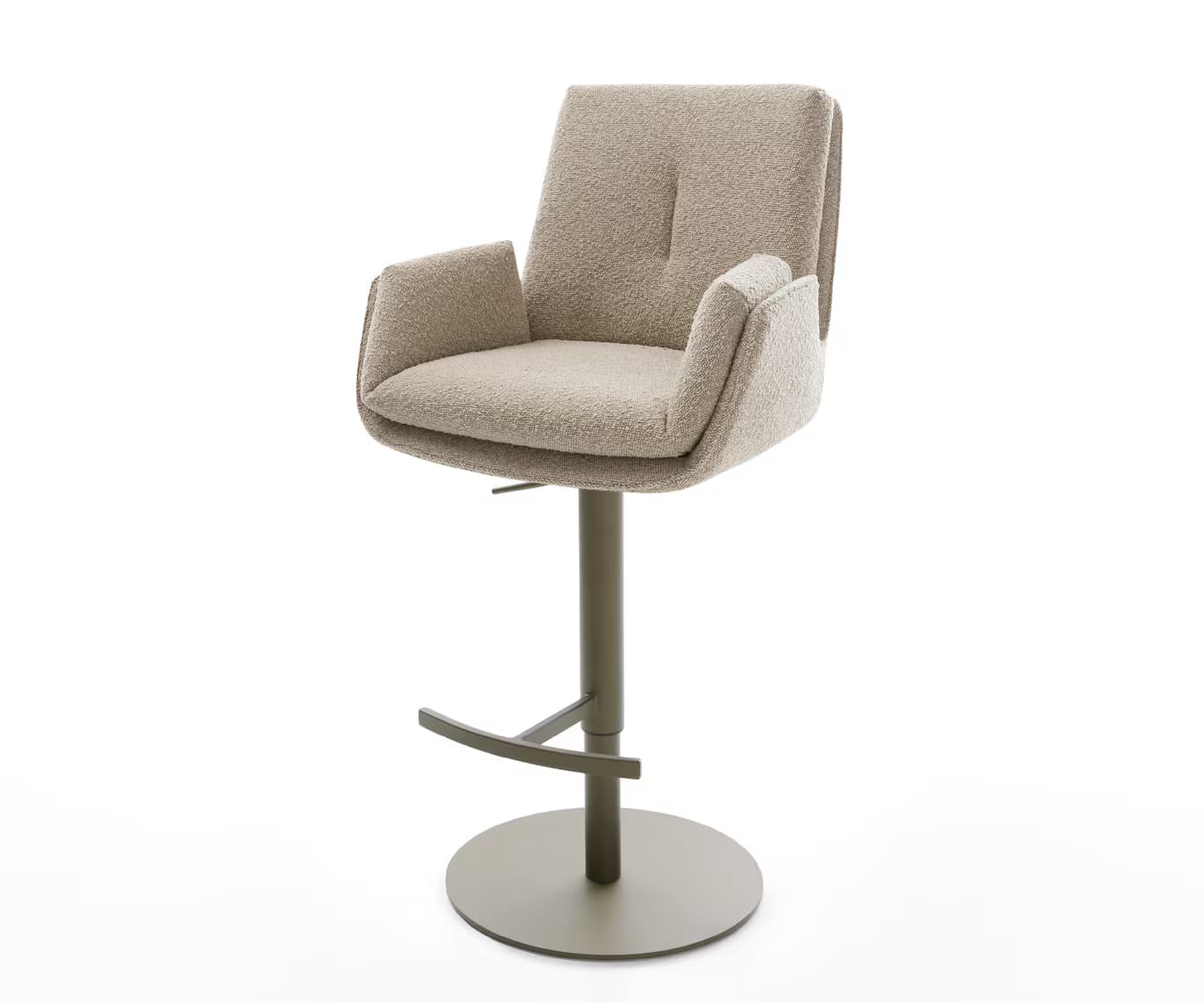 A modern upholstered bar stool featuring a comfortable bucket-style seat with integrated armrests and subtle button tufting on the backrest. It is supported by a central pedestal base with a circular footrest and a broad round base plate. The upholstery is a light beige, textured fabric, while the metal base has a muted olive-taupe finish. The stool appears to be height-adjustable and swiveling. — 3D model