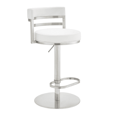 A modern bar stool with a round, white upholstered seat and backrest, supported by a brushed metal pedestal base. The stool features a height adjustment mechanism and a footrest ring. The backrest has a sleek metal frame with horizontal bars. — 3D model