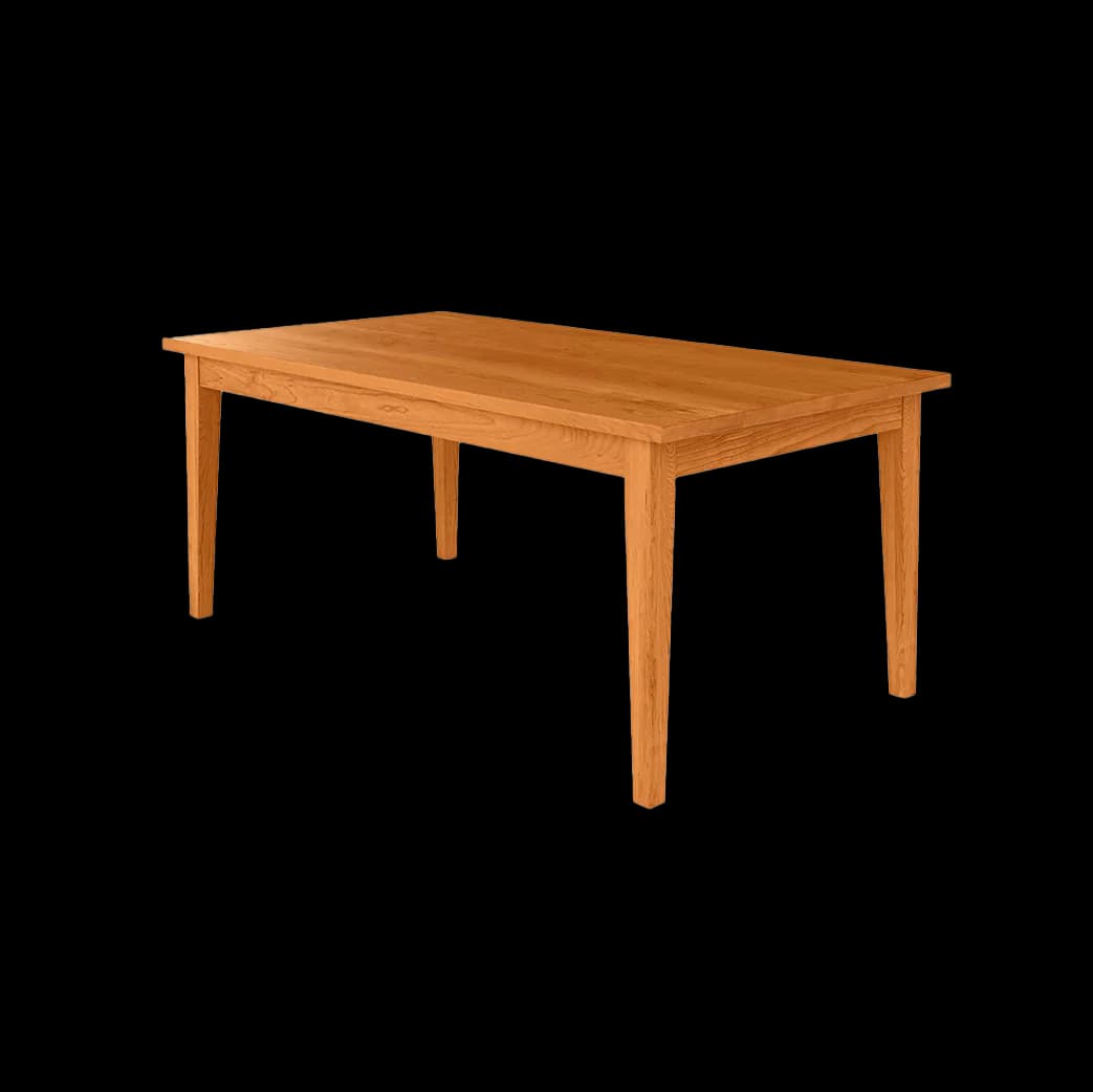 A rectangular dining table crafted from solid wood with a light to medium brown finish. It features a simple, unadorned tabletop, a clean apron, and four sturdy, slightly tapered legs, presenting a classic and functional design. — 3D model